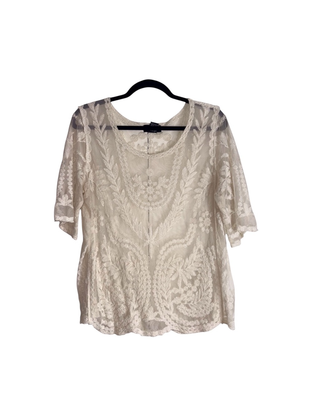Elegant Ivory Embroidered Lace Mesh Overlay Top Short Sleeve Boho